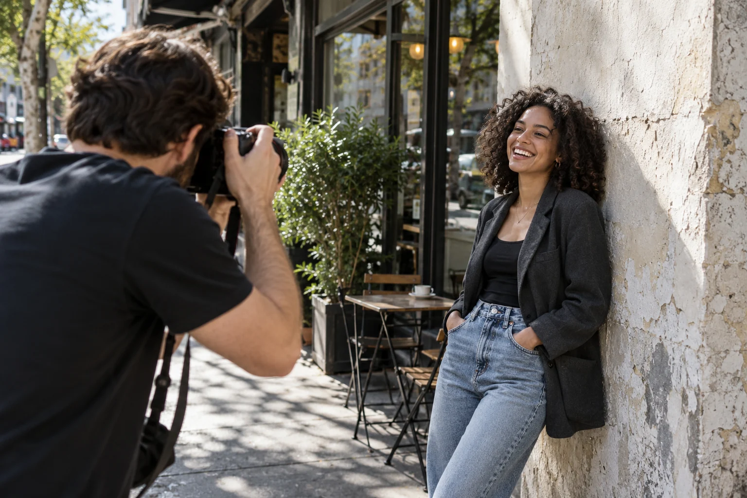 Illustrative brand portrait session with a creator in a relaxed charcoal jacket