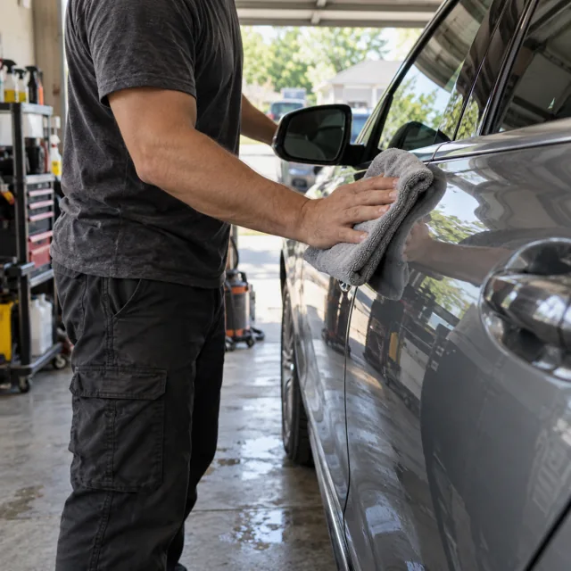 Detailer finishing a car with a microfiber cloth