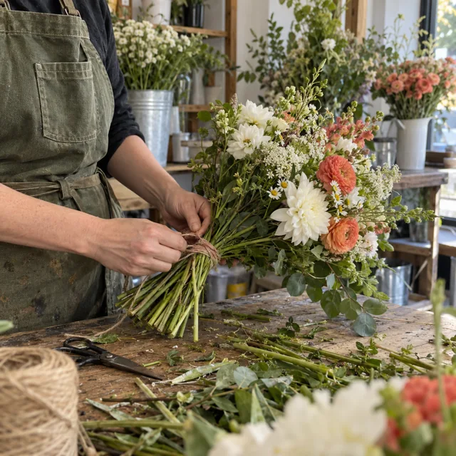 Florist tying a bouquet at a workbench