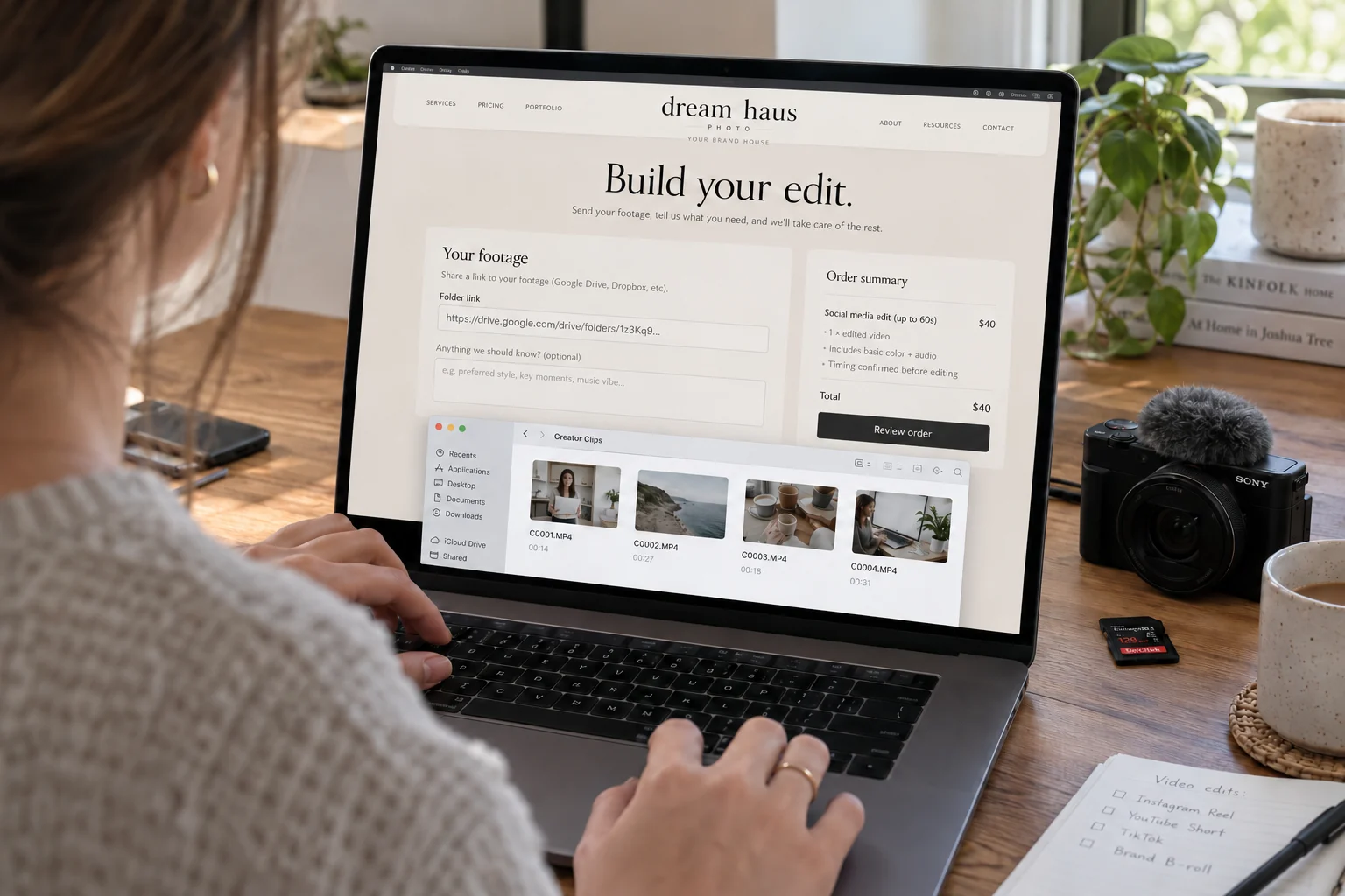 Creator preparing footage on a laptop showing a Dream Haus-inspired order page