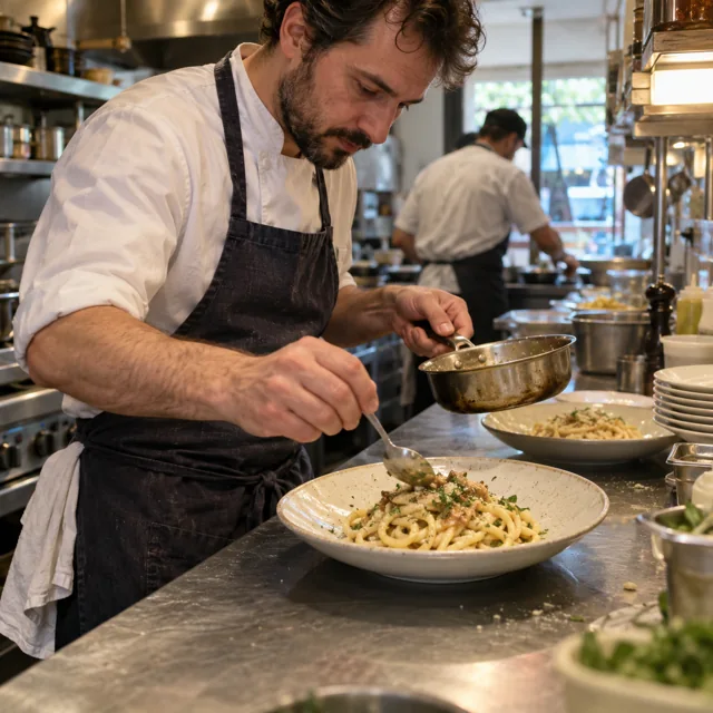 Chef finishing a dish at a neighborhood restaurant