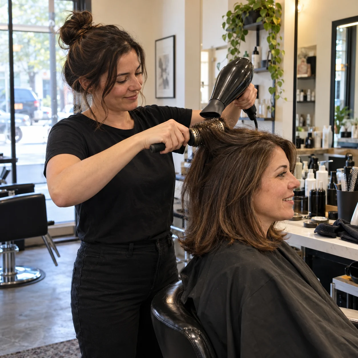 Candid-style scene of a hairstylist finishing a woman’s hair